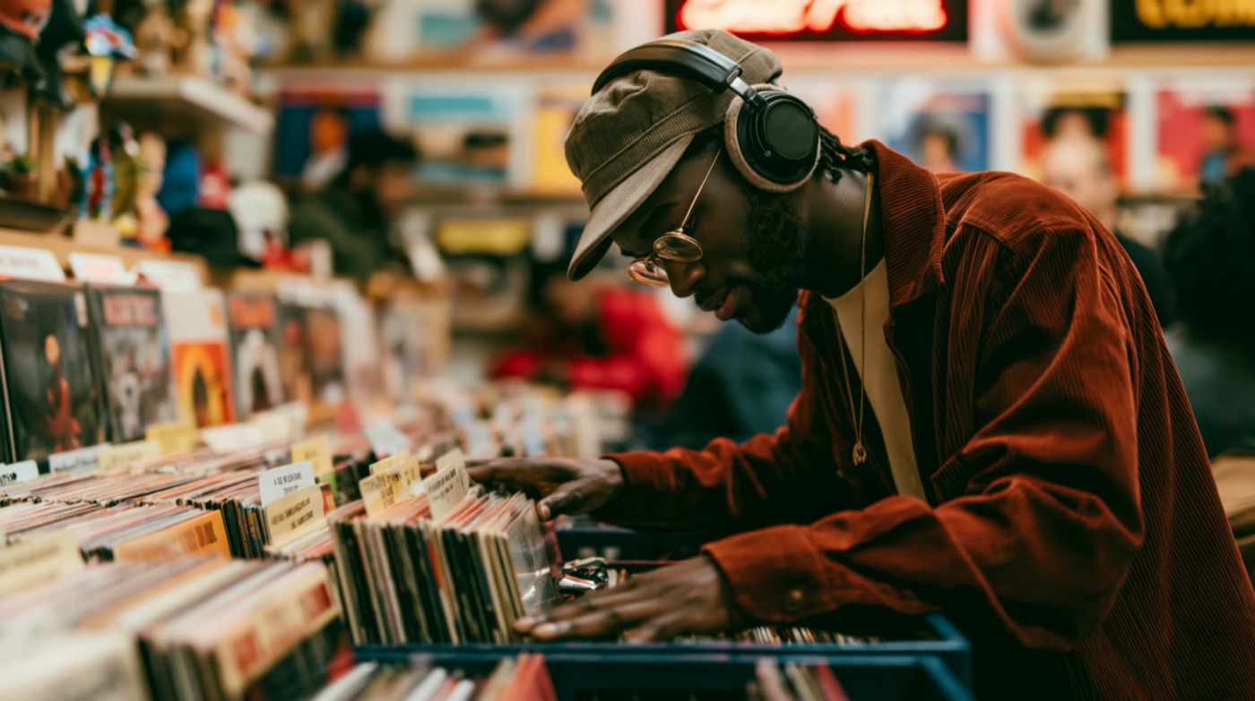 A collector in headphones flipping through crates of records in a record shop