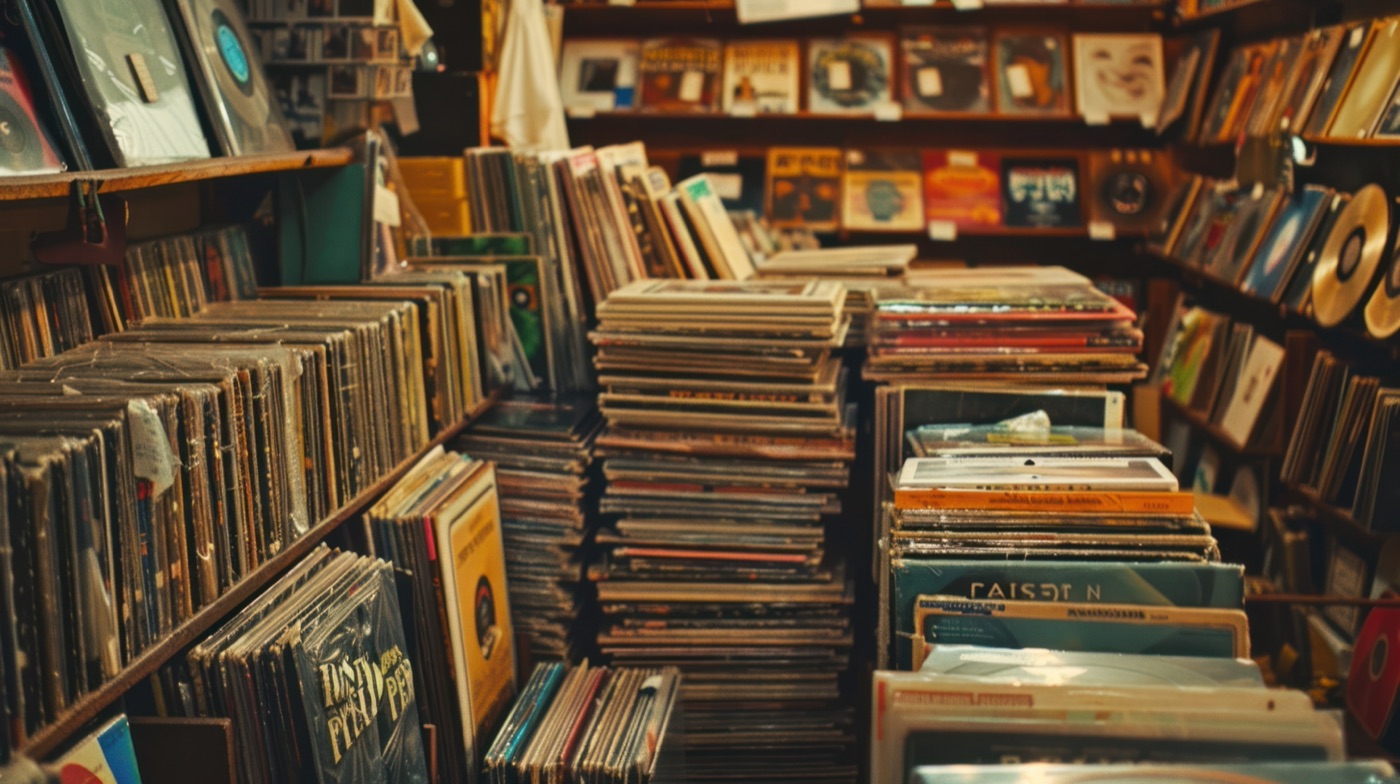 Crates and shelves of vinyl records in a record store